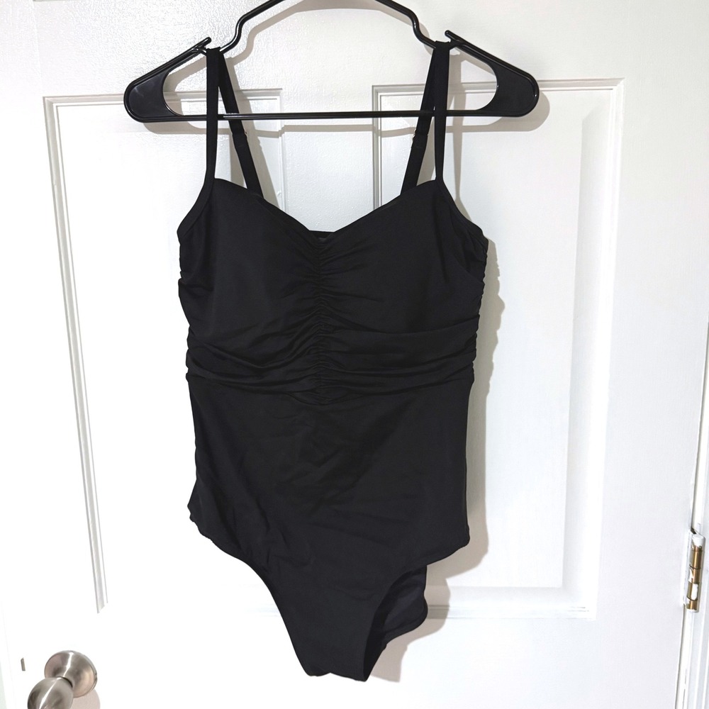 Lands End Womens Black Ruched One Piece Swimsuit Sweetheart Neck Size 10 RN62830